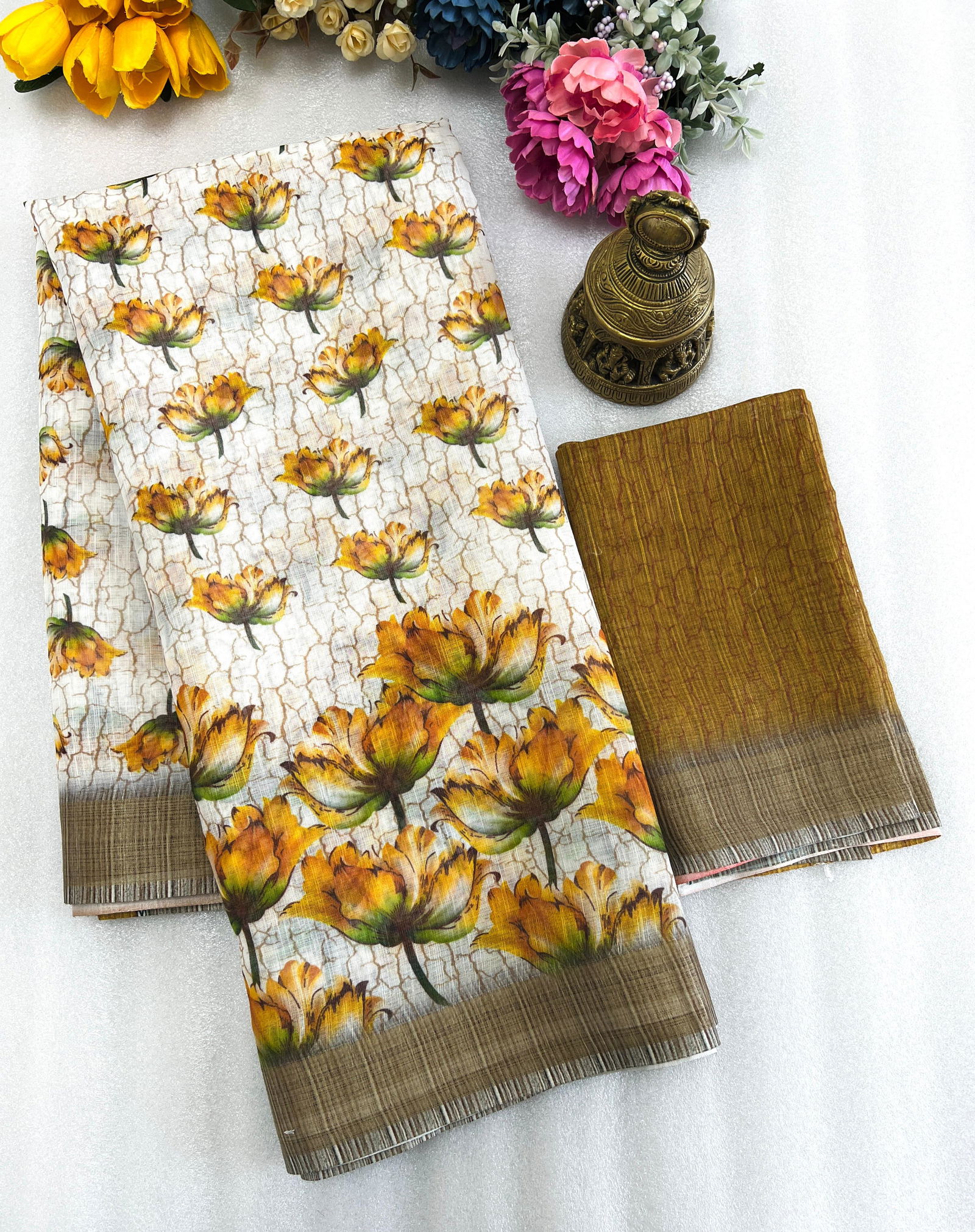 MG 415 Flower Linen Digital Printed Sarees Wholesale Price In Surat